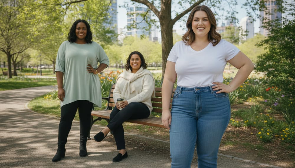 Plus size women wearing everyday basics outdoors